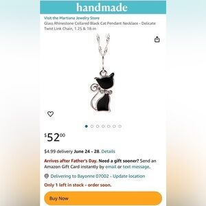 Rhinestone Collared Black Cat Pendant Necklace - Delicate Twist Link Chain NWOT